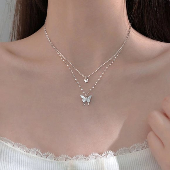 Jewelry - NEW Silver Gold Cute Double Layer Shiny Butterfly Necklace